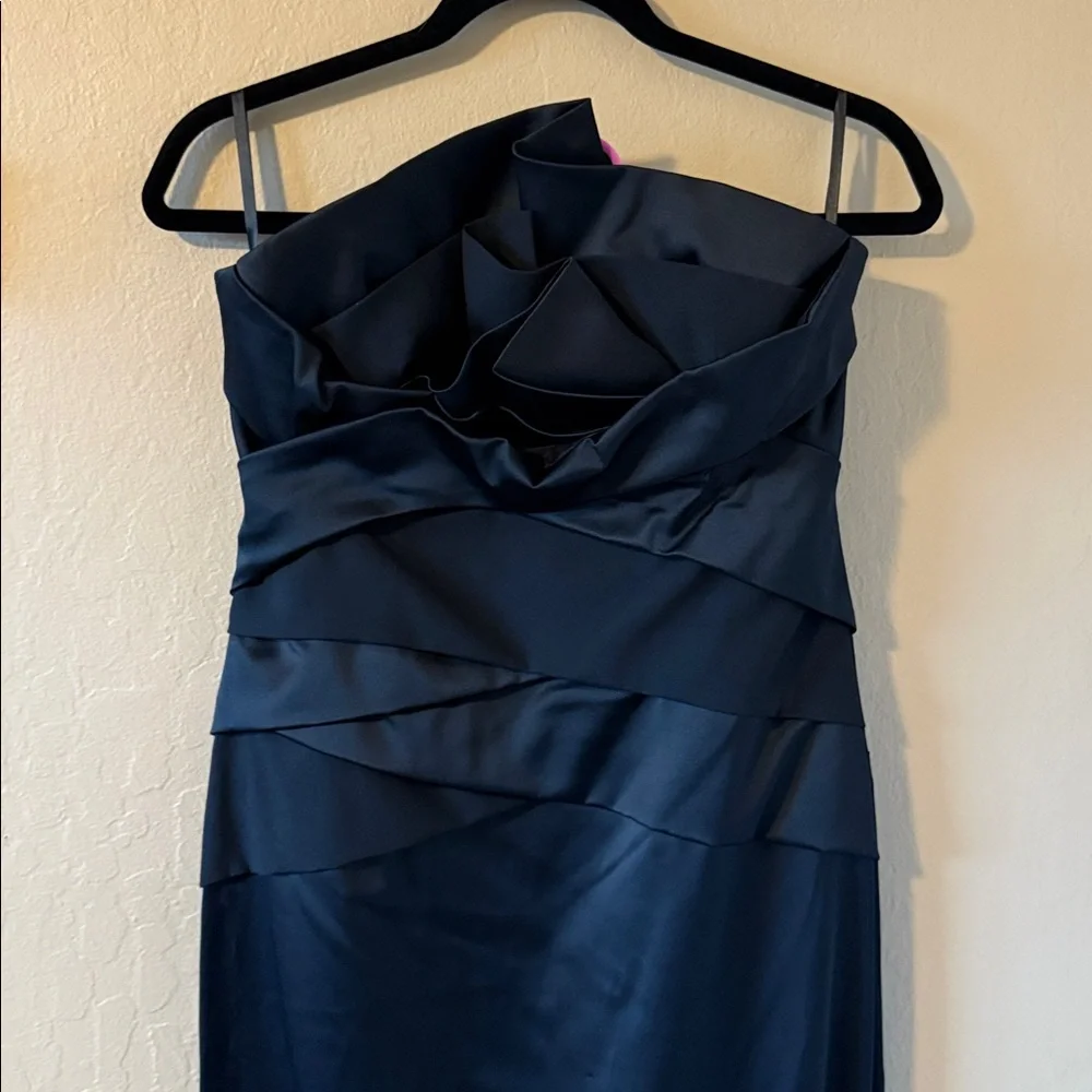 Coast Women’s Black Satin Strapless Evening Long Dress Front Modern Ruffles 8